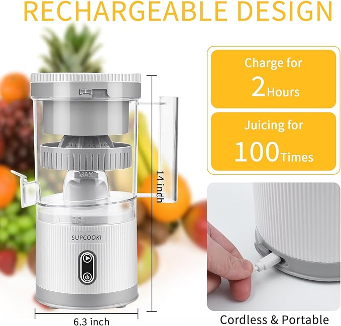 Electric Citrus Juicer, Rechargeable Juicer Machine with USB Cable and Cleaning Brush, Orange Lime Lemon Grapefruit Juicer Squeezer, Easy to Clean Portable Juicer